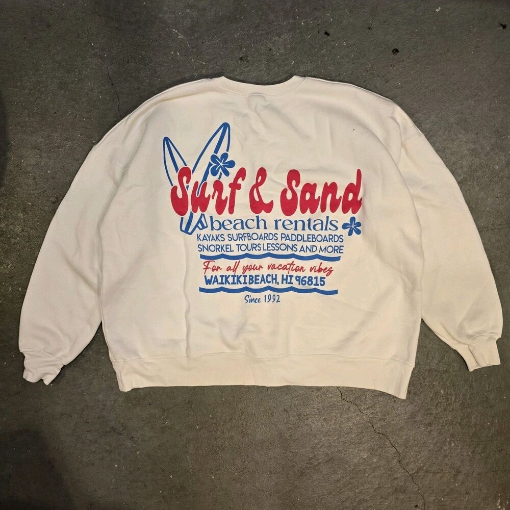 Wild Fable White Surf & Sand Graphic Pullover Sweatshirt Women's XL Long Sleeve